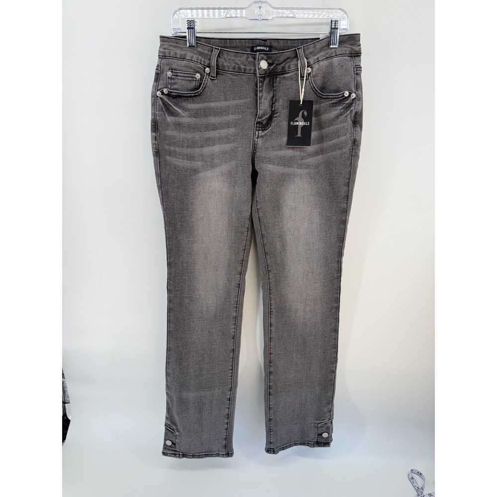 Flamingals Womens Gray Acid Wash Embellished Pocket Jeans Size 10